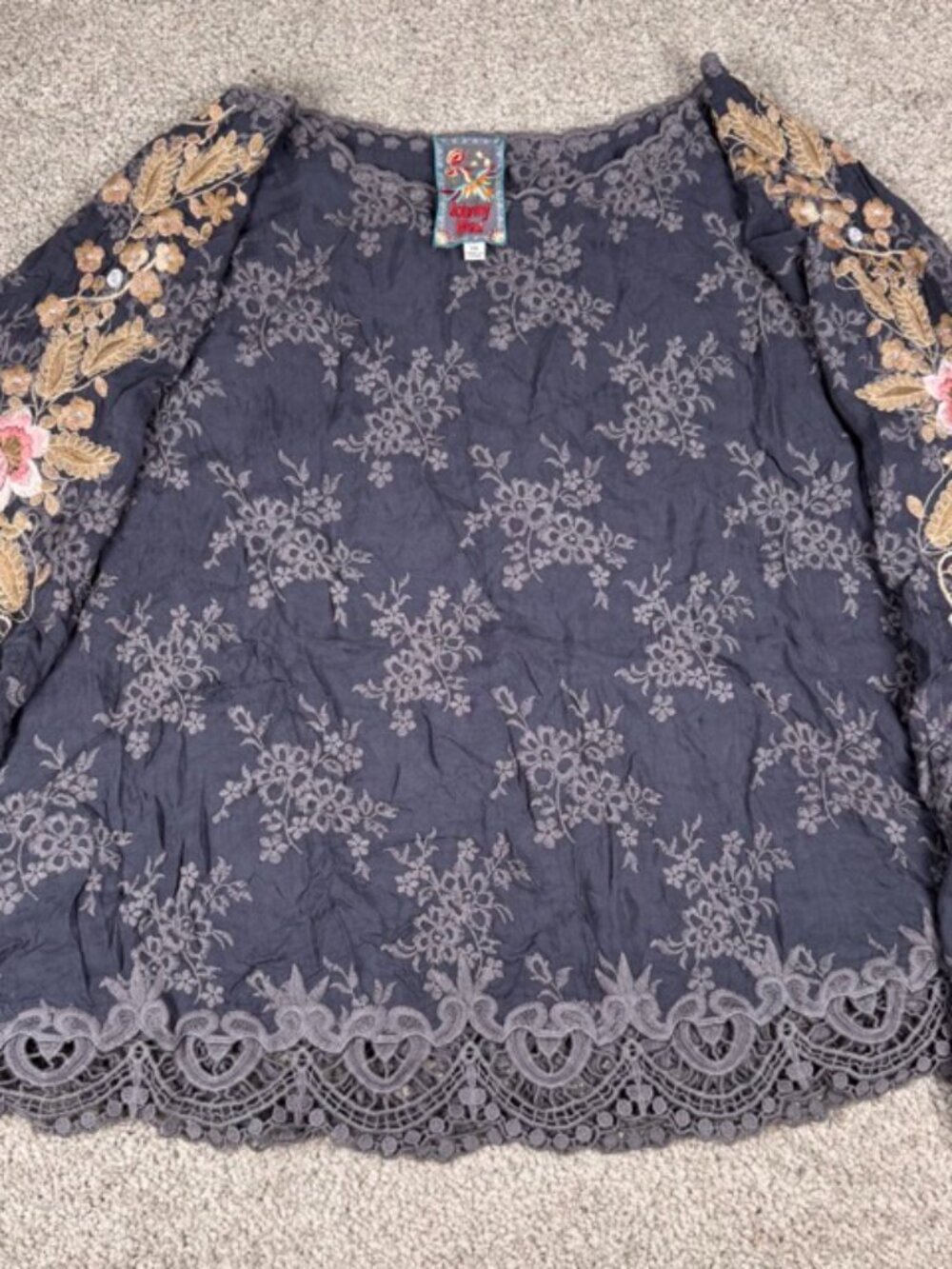Johnny Was Printed Long Sleeve Top Blouse Size XXL Lace Edges Boho Floral Blue